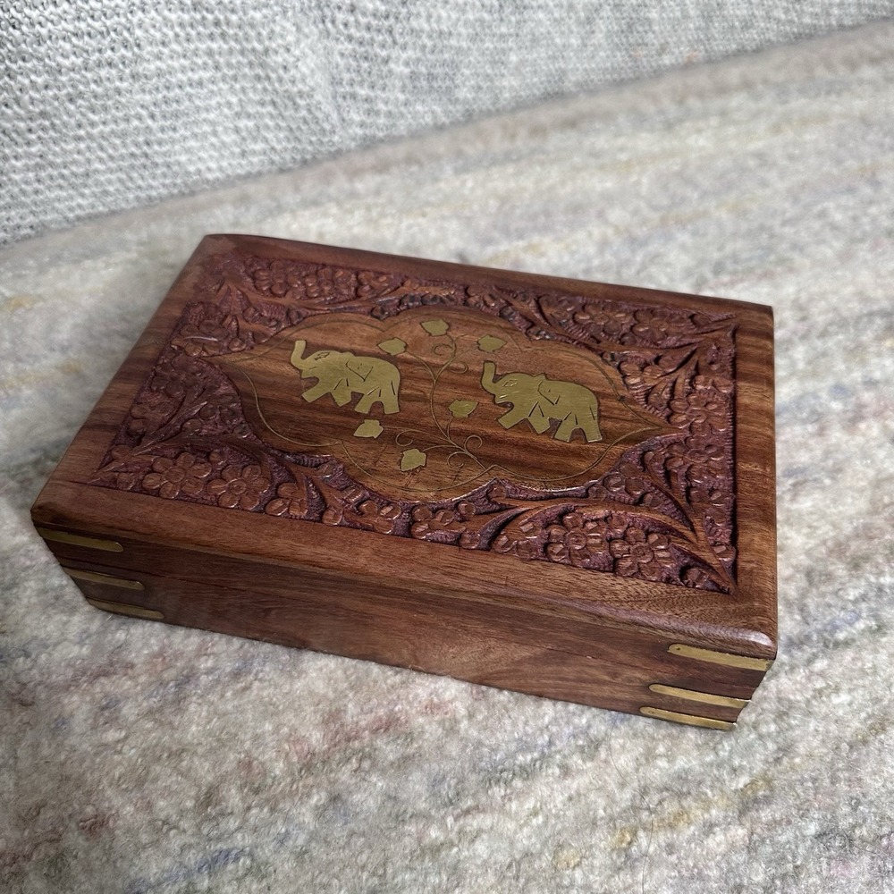Hand Engraved  Inlaid Brass Wooden Box Keepsake Jewelry Organizer &Storage